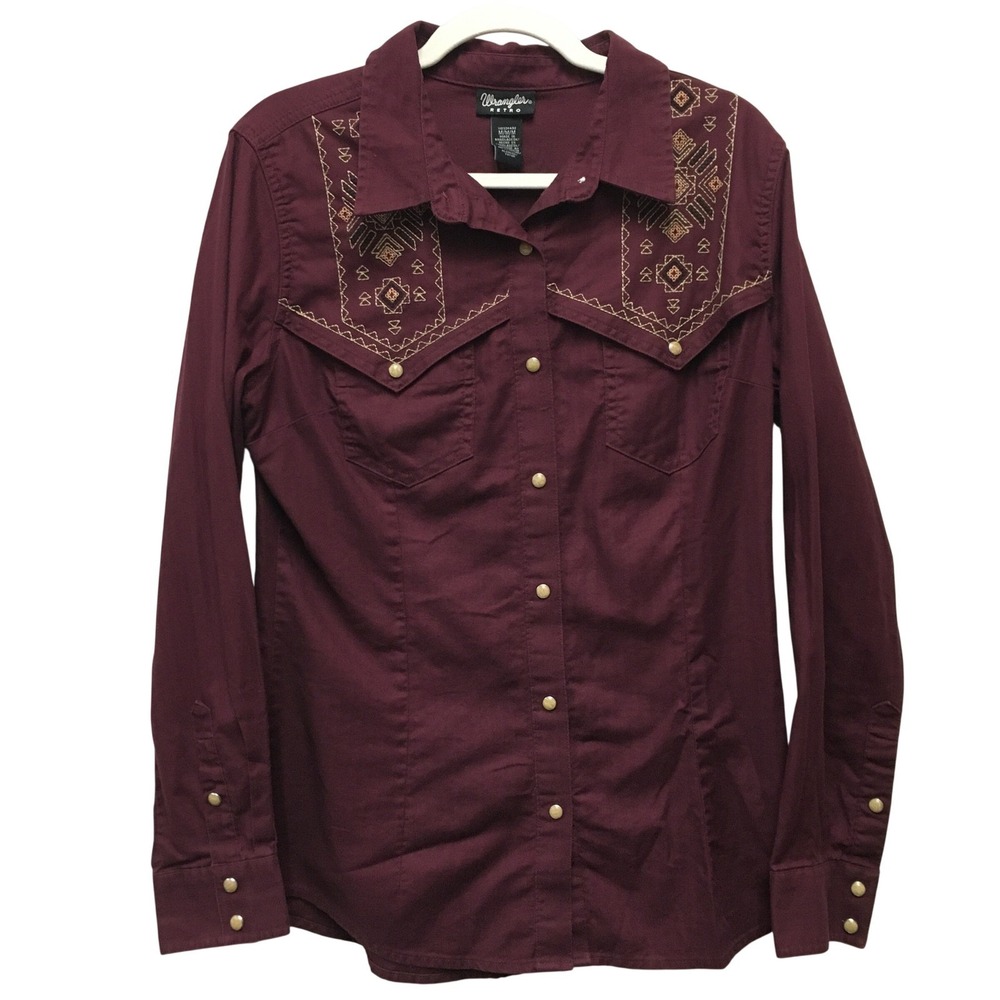 Wrangler Western Shirt Women's Medium Burgundy Embroidered Rodeo Cowgirl Country